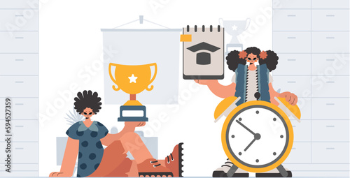 Individual and enthusiastic woman school understudies, analyzing to begin with school subjects. Trendy style, Vector Illustration