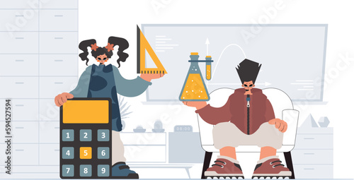 Individual and enthusiastic woman school understudies, analyzing foremost school subjects. Trendy style, Vector Illustration