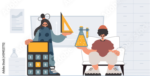 Individual and enthusiastic woman school understudies, analyzing to begin with school subjects. Trendy style, Vector Illustration