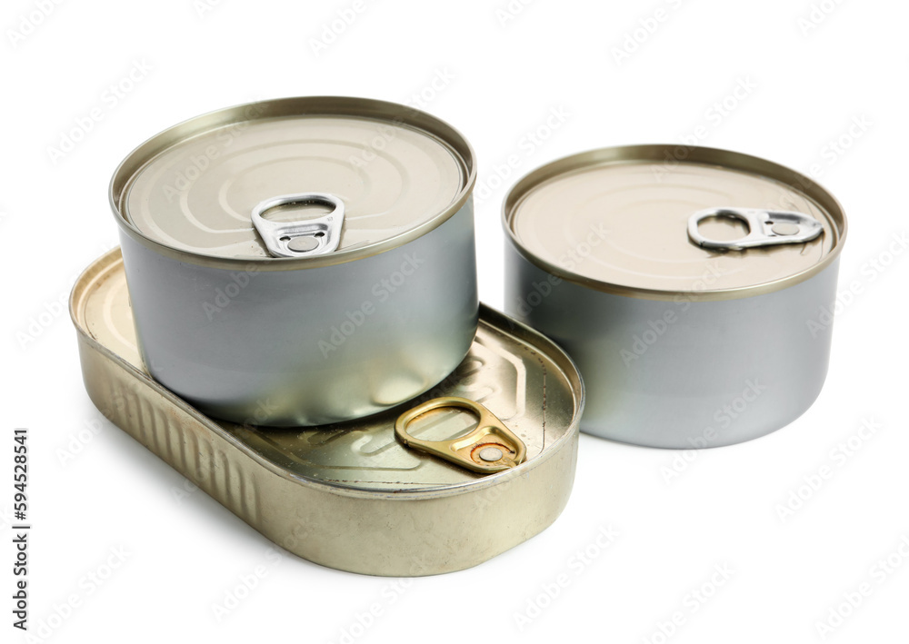 Tin cans with fish isolated on white background Tin cans with fish isolated on white background