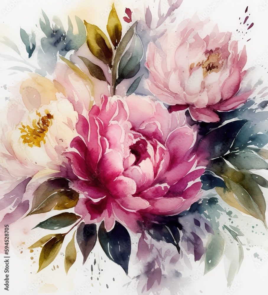 Watercolor painting chic colorful peonies illustration design for postcard decor textile