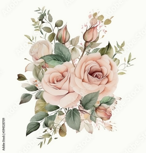 Floral composition in pastel colors of gentle peach color roses with buds and green leaves design for greeting cards, wedding invitations, romantic events