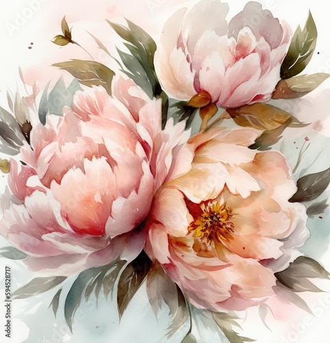Fototapeta Naklejka Na Ścianę i Meble -  Beautiful watercolor painting of beige pink peonies dream and green leaves floral illustration for postcard decor textile
