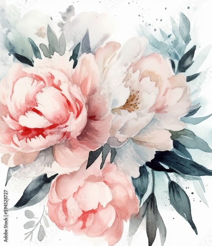 Watercolor painting of beige pink color peonies dream and navy green leaves flower illustration for postcard decor textile