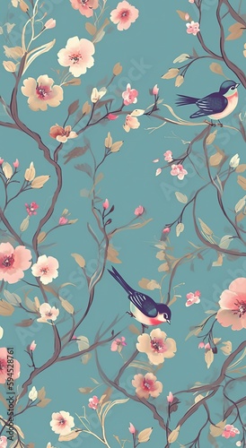 Sakura branches with pink flowers and birds on blue background illustration for textile wallpaper greeting card romantic events
