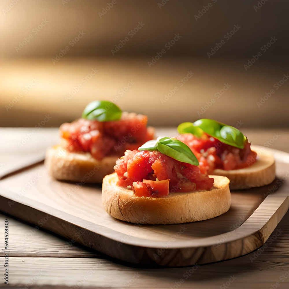 Photo ai photo illustration of a delicious bruschetta on a wooden board in a rustic kitchen with natural