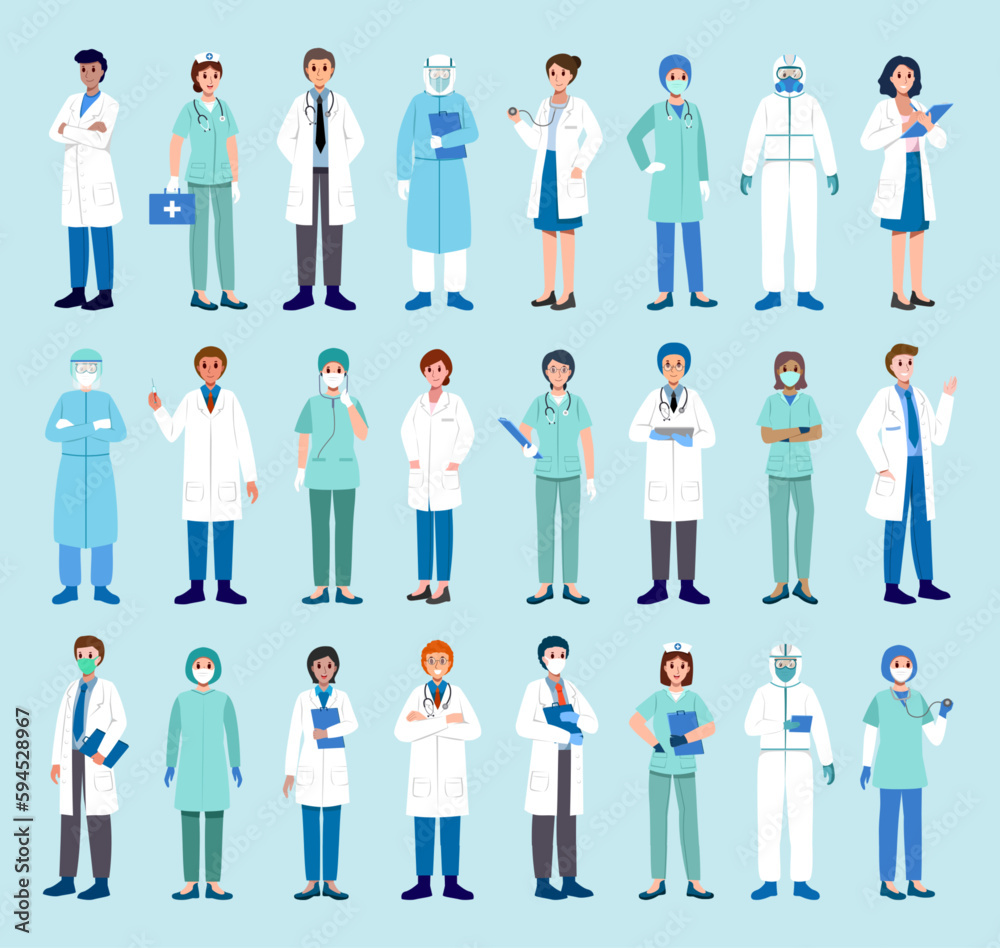 Set of physician and nurse with several gown uniform . Medical occupational person . Flat design . Vector Set of physician and nurse with several gown uniform . Medical occupational person . Flat design . Vector