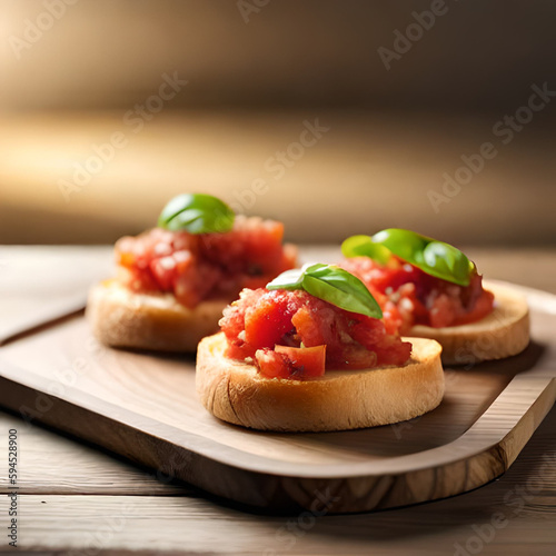 Photo ai photo illustration of a delicious bruschetta on a wooden board in a rustic kitchen with natural