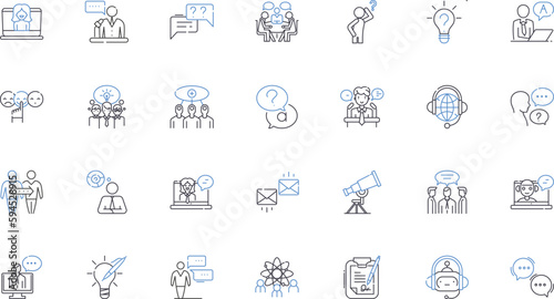 Probing and elucidations line icons collection. Exploration, Analysis, Scrutiny, Investigation, Interpretation, Examination, Research vector and linear illustration. Inquiry,Disclosure,Revelation