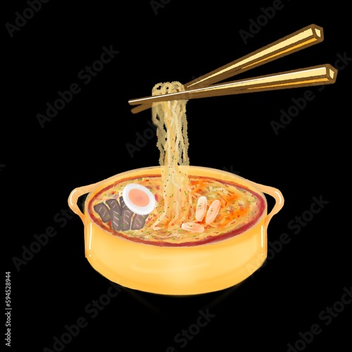 Ramyeon (Korean instant noodles) in a pot with rice cakes, boiled eggs, meat, and vegetables.
