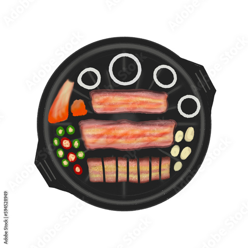 Samgyeopsal or Korean BBQ, pork belly with kimchi, chili, garlic, and onion on a grilling pan.