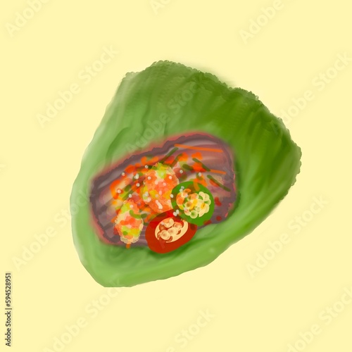 Samgyeopsal is Korean food, grilled pork belly with kimchi, chili, garlic wrapped with a fresh vegetable leaf