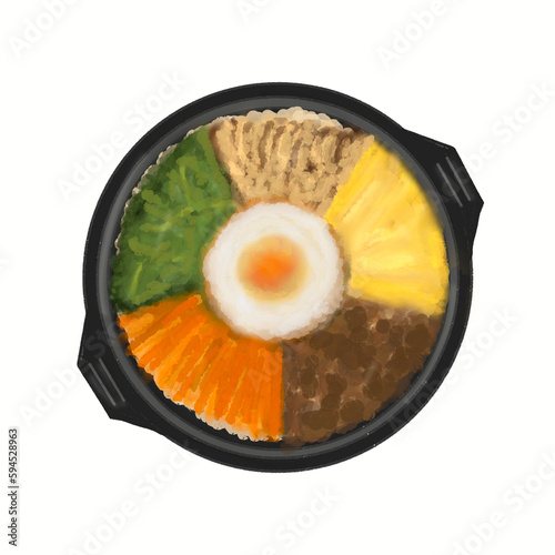Traditional Korean food bibimbap is a bowl of rice with a variety of freshly made vegetables and meat with gochujang sauce topped with a fried egg.