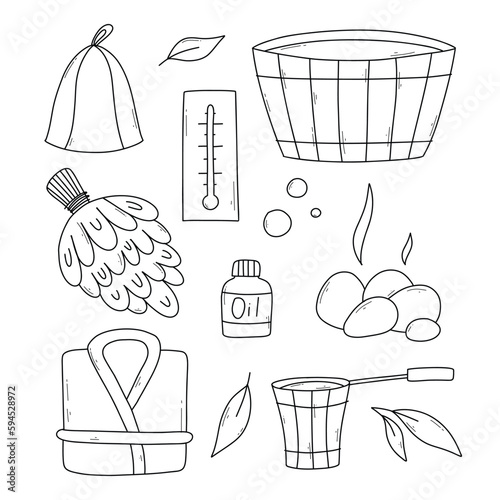 Set of bath elements in doodle style. Vector illustration. Bath collection.