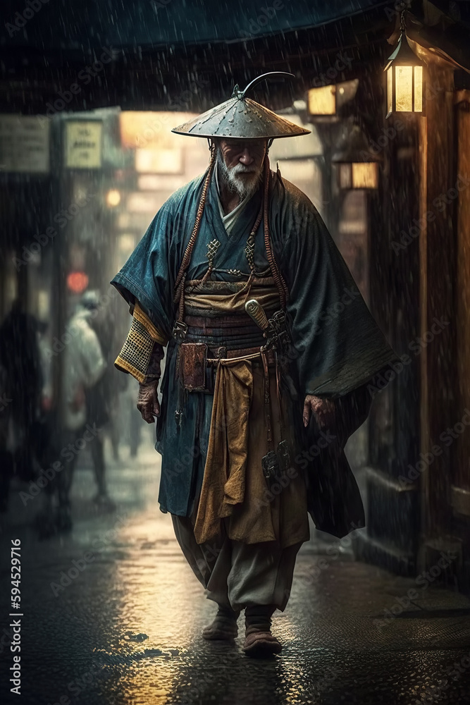 Japanese samurai warrior in traditional Asian kimono in city in rain. Generative AI