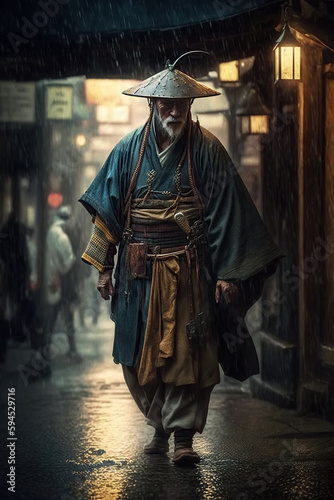 Japanese samurai warrior in traditional Asian kimono in city in rain. Generative AI