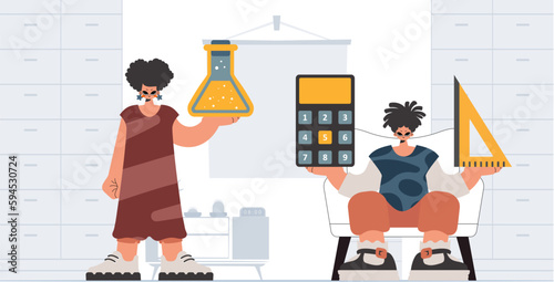 Individual and youthful woman school educates, considering basic school subjects. Trendy style, Vector Illustration