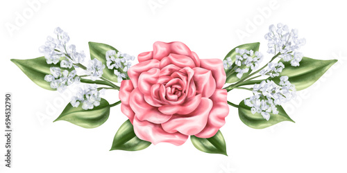 Elegant composition of pink roses, blue gypsophila and leaves in watercolor style. Horizontal digital illustration on a white background. For invitations, date saving, gratitude or greeting card