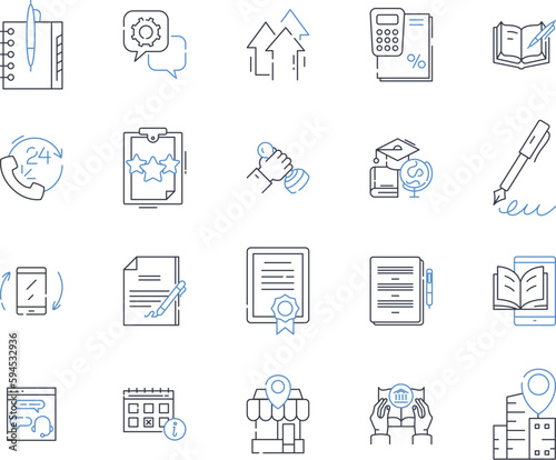 Teaching aids line icons collection. Whiteboard, Flashcards, Manipulatives, Smartboard, Worksheets, Projection, Posters vector and linear illustration. Games,Flipchart,Visuals outline signs set photo