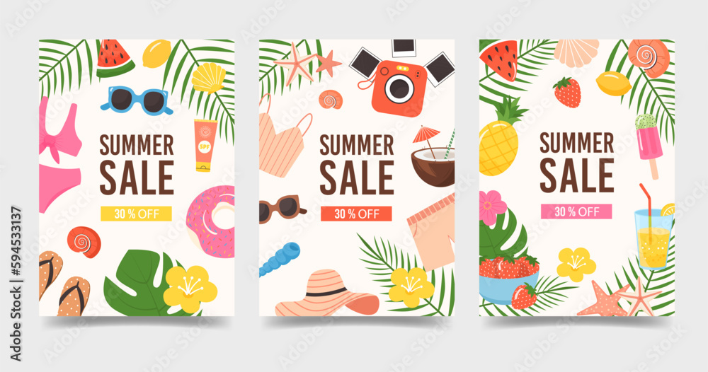 Set of vertical flyer templates for summer sale promotion. Advertisement banner with tropical leaves, fruit, flowers and vacation items. Flat colorful vector illustration. 
