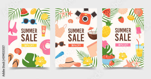 Set of vertical flyer templates for summer sale promotion. Advertisement banner with tropical leaves, fruit, flowers and vacation items. Flat colorful vector illustration.  © HelenArt