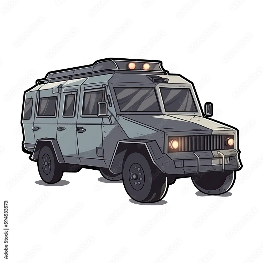 Armored Car In Cartoon Style Stiker On White Background On Isolated Transparent Background, Png, Logo. Generative AI