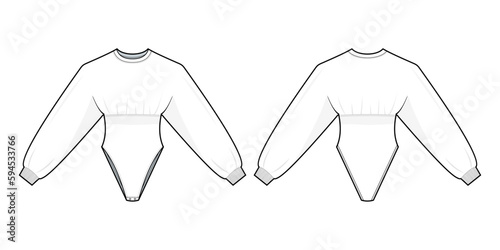 Oversized jacket Bodysuit fashion drawing template. with a round neckline, and Oversized sleeves. Swimsuit fashion flat illustration. front view, back view, isolated in white, CAD mockup set.