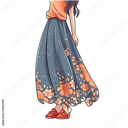 Maxi Skirt In Cartoon Style Stiker On White Background On Isolated Transparent Background, Png, Logo. Generative AI