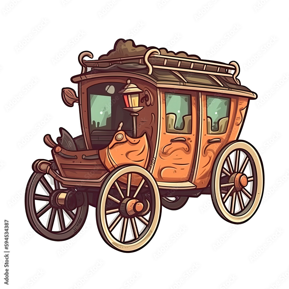 Stagecoach In Cartoon Style Stiker On White Background On Isolated Transparent Background, Png, Logo. Generative AI