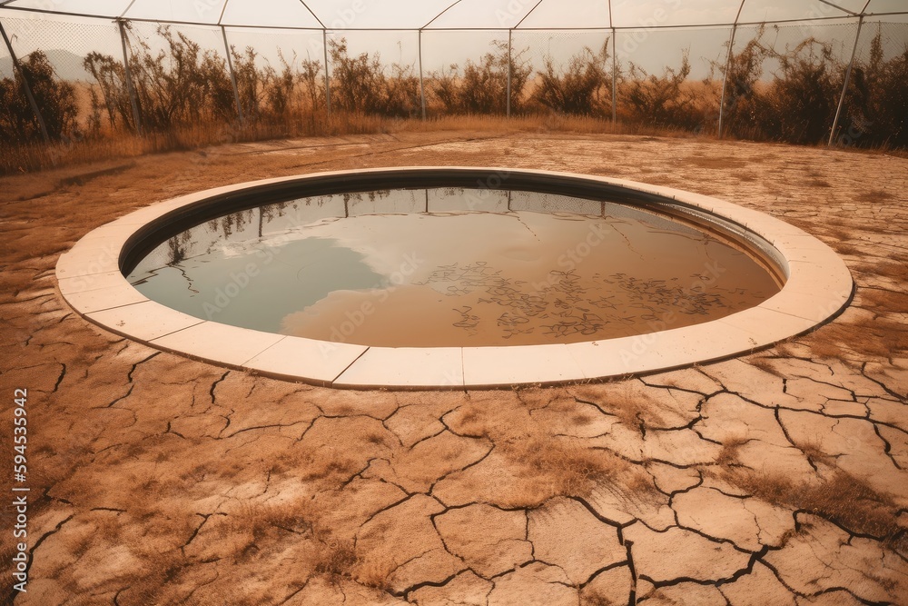 swimming pool surrounded by dried earth, symbolizing drought and water ...