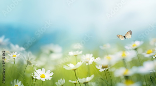 background with butterflies and meadow flowers. spring landscape flowerfield with daisies and grass. bokeh. sunny day. ai