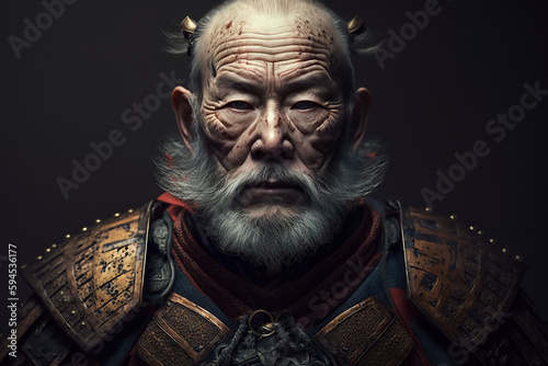 portrait of elderly samurai warrior in traditional Japanese armor. Generative AI illustration photo