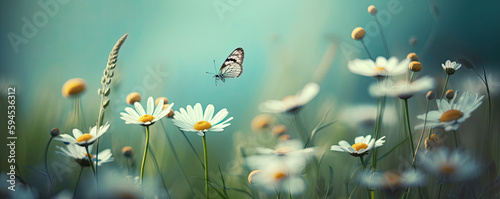background with butterflies and meadow flowers. spring landscape flowerfield with daisies and grass. bokeh. sunny day. ai photo