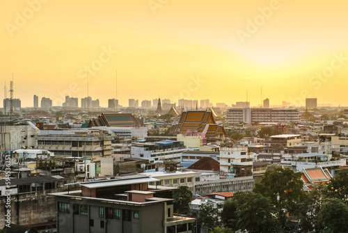 View of Bangkok from Golden Mount Temple (Wat Saket) at sunset, Thailand.