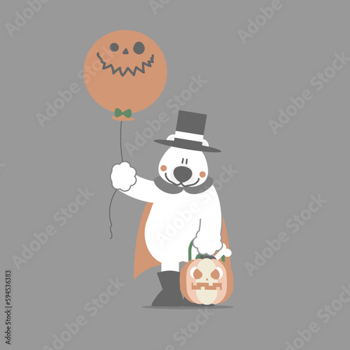 happy halloween holiday festival with polar bear and balloon and pumpkin, flat vector illustration cartoon character design