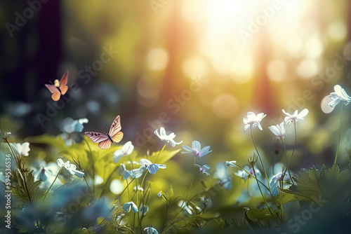 background with butterflies and meadow flowers. spring landscape flowerfield with daisies and grass. bokeh. sunny day. ai photo