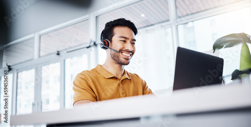Canvastavla Call center, laptop video call and happy man talking for contact us, communication or ecommerce