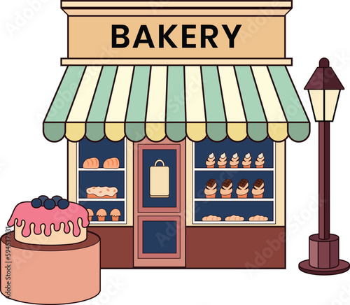 bakery with cake illustration in doodle style