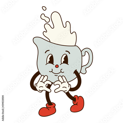 Groovy retro cartoon character. Cream in a ceramic milk jug with drops, eyes and gloved hands showing the heart. Isolated flat illustration in style 60s 70s