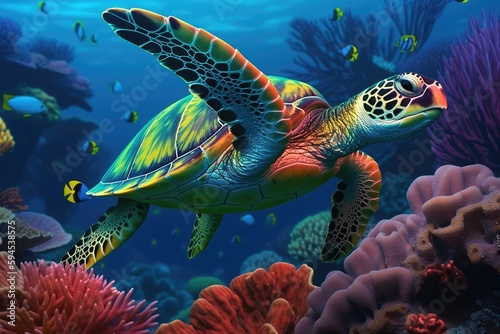 turtle swimming through luminescent vibrant colorful  coral reef . AI generative © pramool