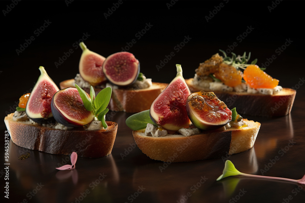Canapes with cheese, figs and honey on a dark background, Generative AI Canapes with cheese, figs and honey on a dark background, Generative AI