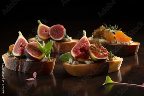 Canapes with cheese  figs and honey on a dark background  Generative AI
