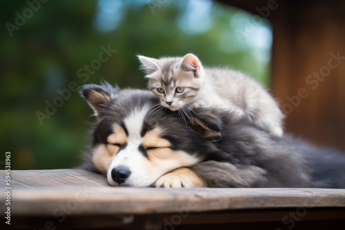 Cat on sleeping dog. Generate Ai