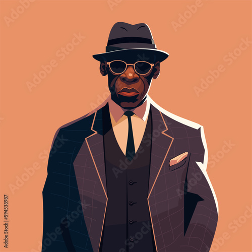 Young black man wearing suit and hat and sunglasses. Retro african american man in hat. Flat color cartoon style portrait poster