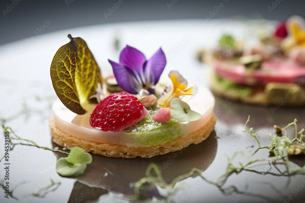 Delicious tartlet with fresh berries and edible flowers on a plate. Generative AI