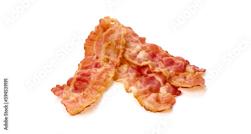 Cooked bacon rashers, close-up, isolated on white background.