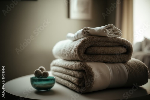 Soft beige spa towels on a massage bed in a therapy room. Spa room. Spa towels. Generative AI.