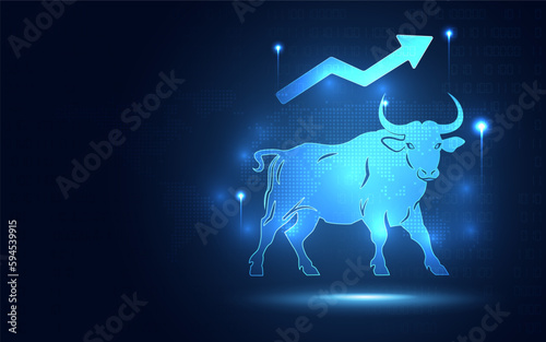 Futuristic glowing Bullish rising stock market blue abstract background. Increasing and success of currency value theme. Business trading financial and startup investment concept. Vector illustration