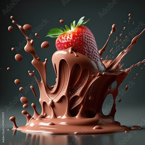 Fresh ripe strawberry splashing in beautiful milk chocolate. Chocolate and strawberry splashing. Generative AI.