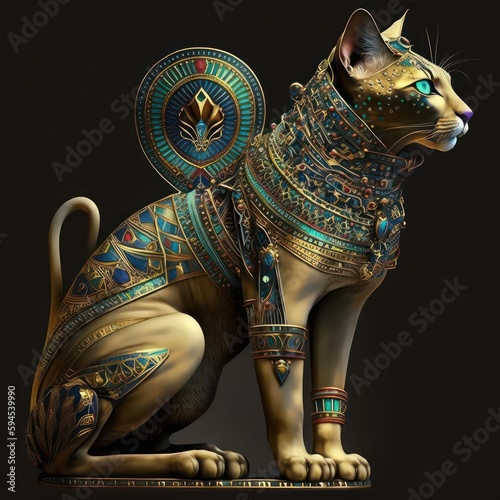 A bejeweled and beautiful and intricate Bastet. Egyptian cat. 3d art of egyptian cat. Generative AI.